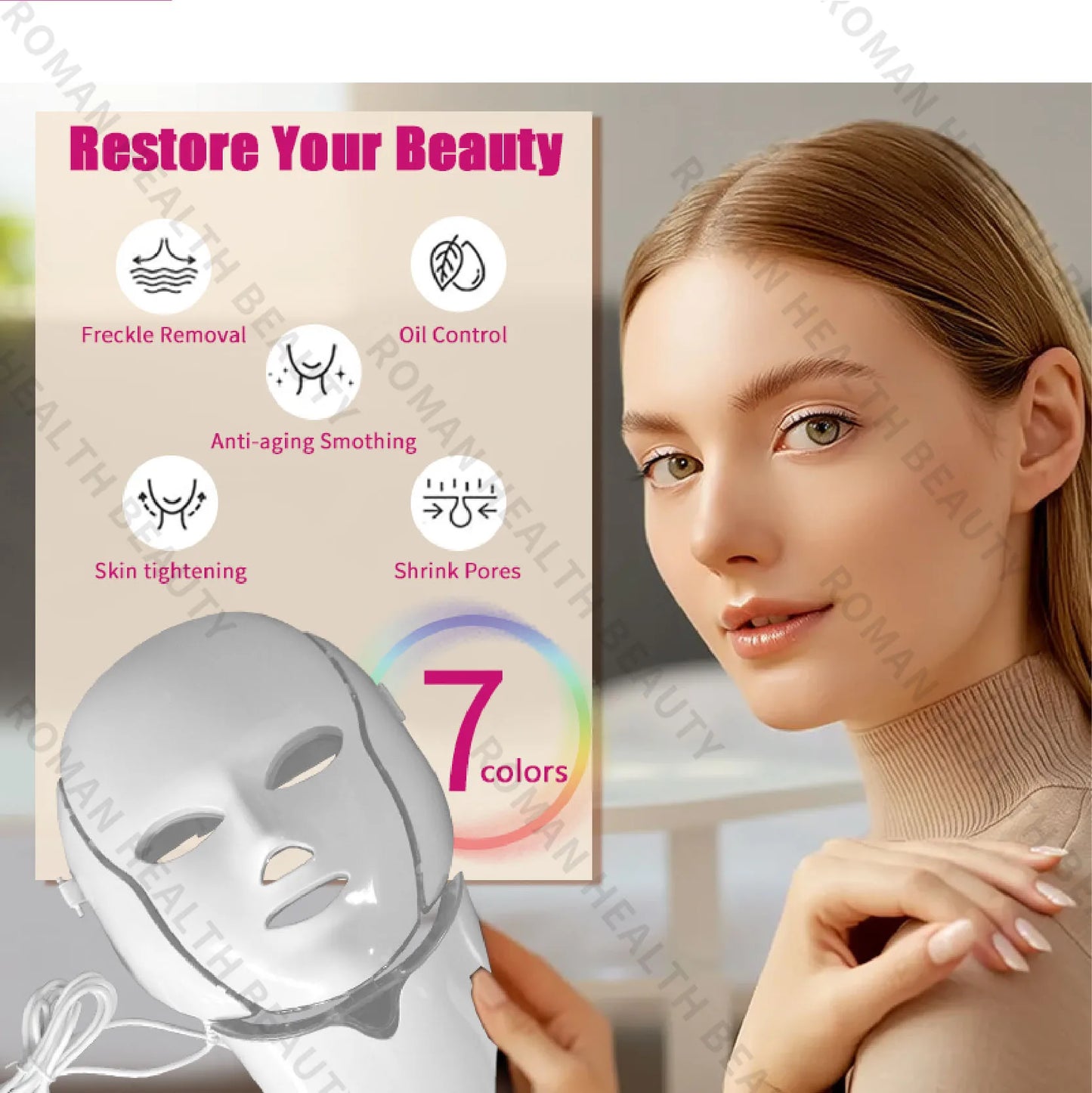 7 Colours Photon Facial LED Mask for Light Therapy which helps with Anti Aging, Skin Repair and Anti-Wrinkle Skin Care for ladies and men