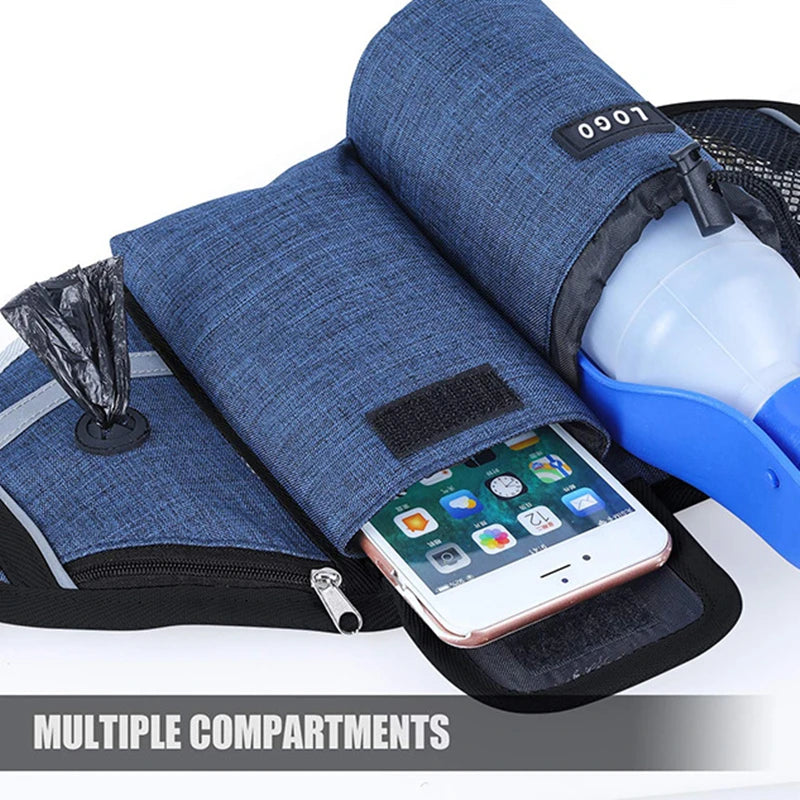 Hands-Free Caddy Pouch with Bungee Leash and pockets for Dog treats, water bottle and mobile phone
