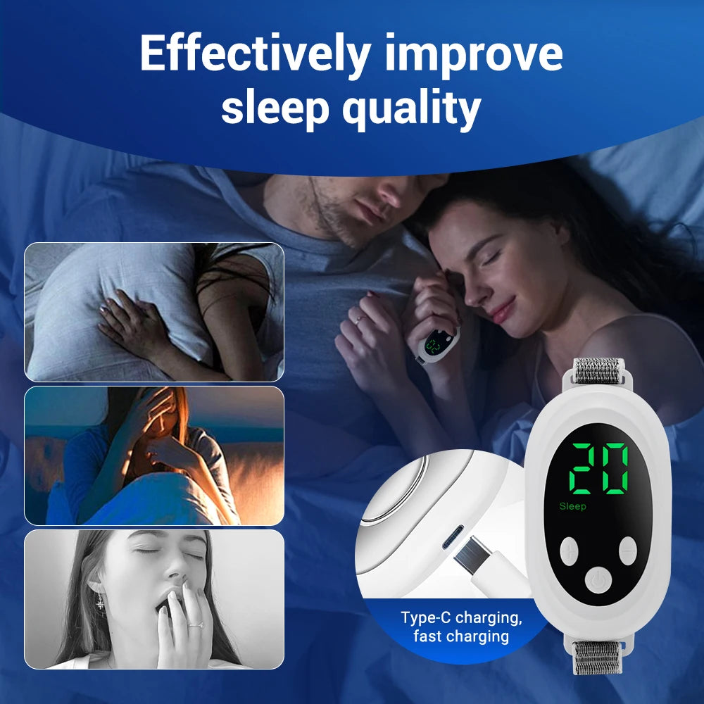 Handheld EMS Sleep Aid for relaxation, featuring 20 levels, microcurrent pulse, and hypnosis to relieve insomnia, stress, pressure, and anxiety.