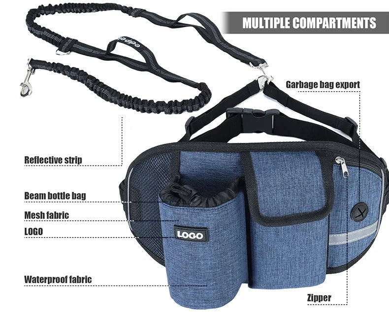 Hands-Free Caddy Pouch with Bungee Leash and pockets for Dog treats, water bottle and mobile phone