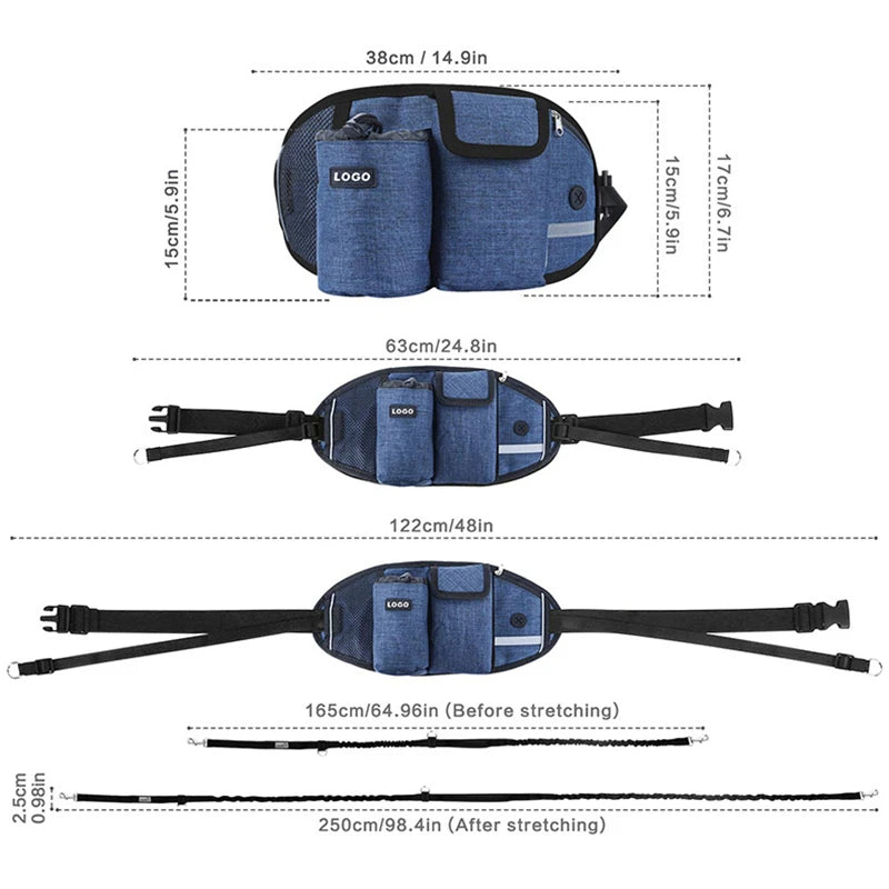 Hands-Free Caddy Pouch with Bungee Leash and pockets for Dog treats, water bottle and mobile phone