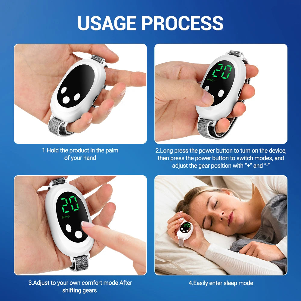 Handheld EMS Sleep Aid for relaxation, featuring 20 levels, microcurrent pulse, and hypnosis to relieve insomnia, stress, pressure, and anxiety.