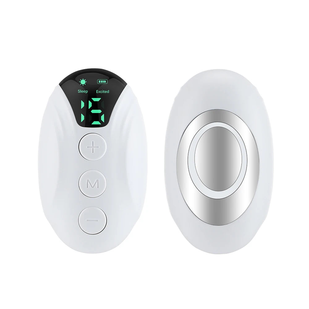 Handheld EMS Sleep Aid for relaxation, featuring 20 levels, microcurrent pulse, and hypnosis to relieve insomnia, stress, pressure, and anxiety.