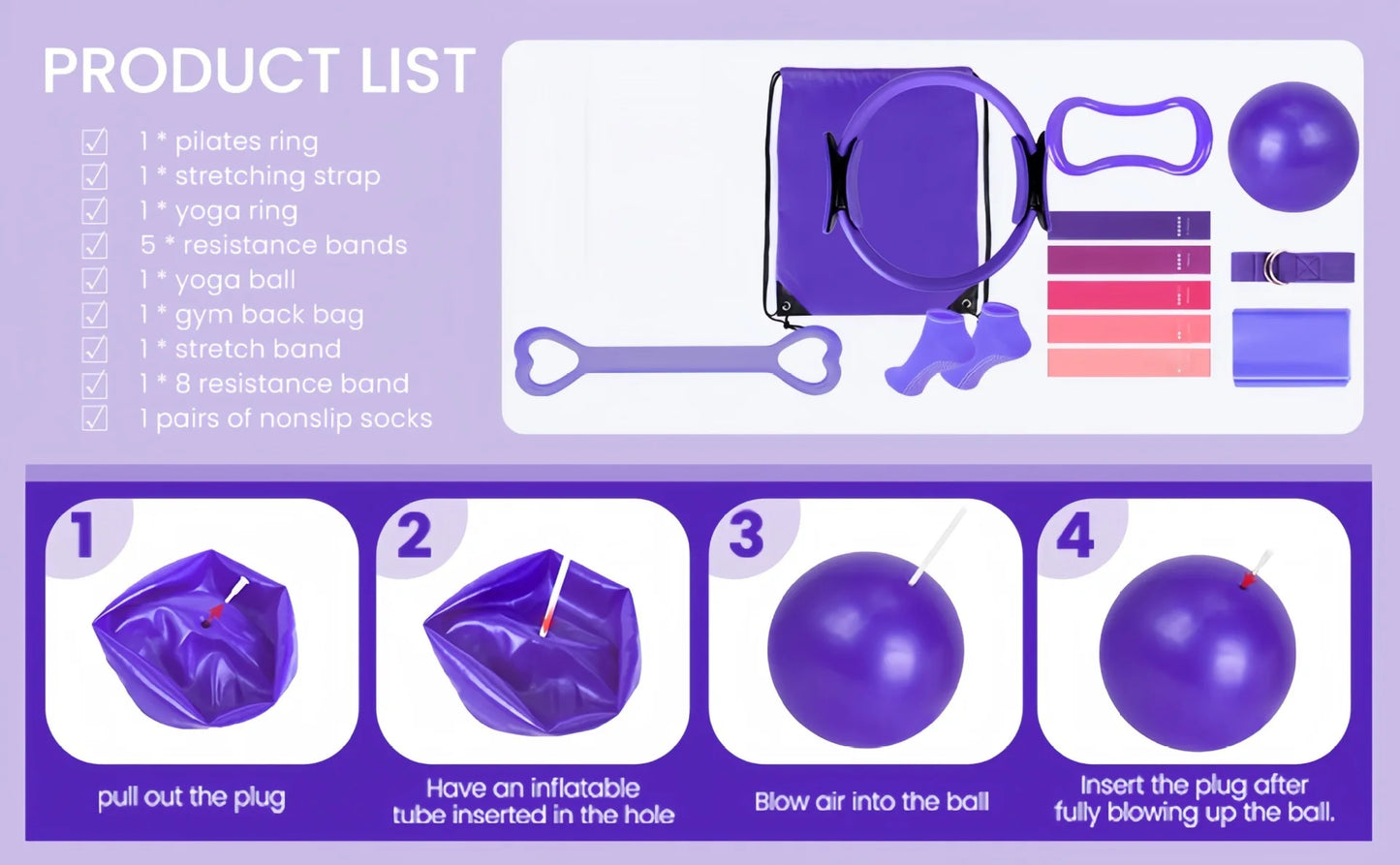 Pilates and Yoga 13 PCS Set with Ball, Resistance Bands & More