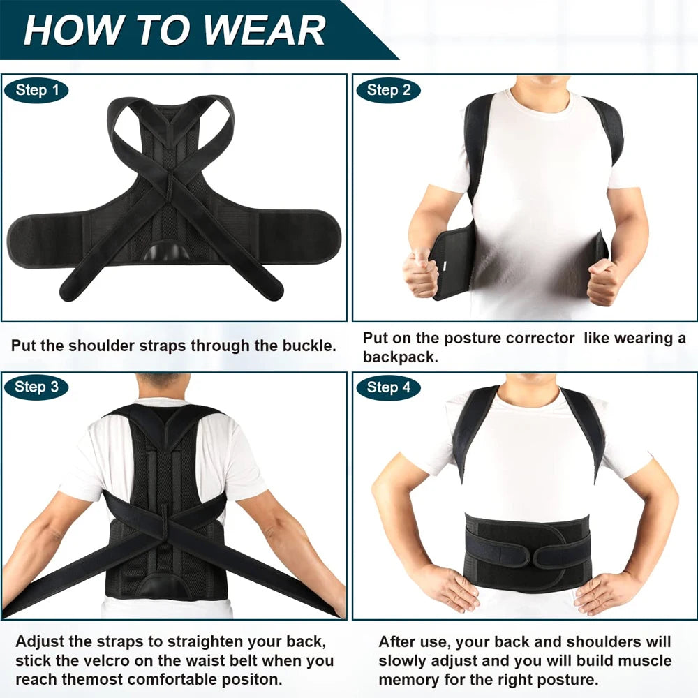 Back Brace Posture Corrector for both women and men is an adjustable posture trainer designed for straightening the back and correcting scoliosis and hunchback.
