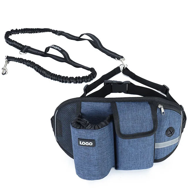 Hands-Free Caddy Pouch with Bungee Leash and pockets for Dog treats, water bottle and mobile phone