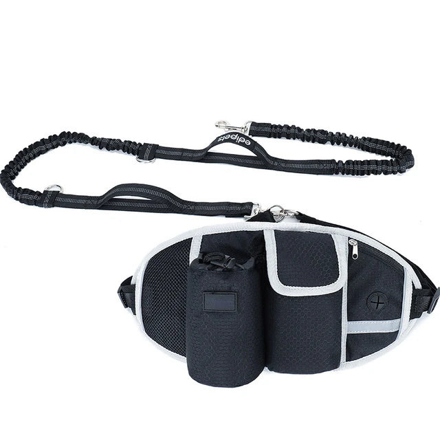 Hands-Free Caddy Pouch with Bungee Leash and pockets for Dog treats, water bottle and mobile phone