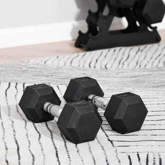 10kg - Hexagonal Fixed Rubber Dumbbell Set, Home Gym Fitness - Weight Lifting Equipment