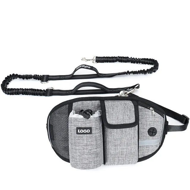 Hands-Free Caddy Pouch with Bungee Leash and pockets for Dog treats, water bottle and mobile phone