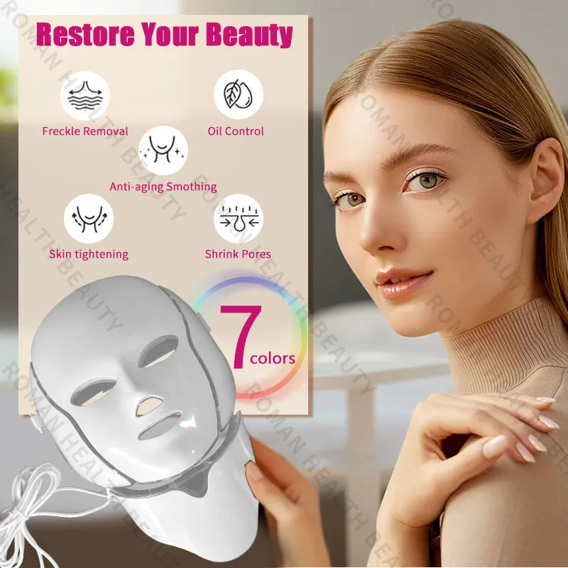 7 Colours Photon Facial LED Mask for Light Therapy which helps with Anti Aging, Skin Repair and  Anti-Wrinkle Skin Care for ladies and men