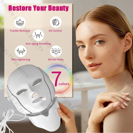 7 Colours Photon Facial LED Mask for Light Therapy which helps with Anti Aging, Skin Repair and  Anti-Wrinkle Skin Care for ladies and men