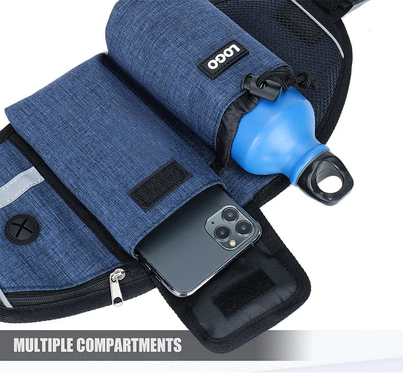 Hands-Free Caddy Pouch with Bungee Leash and pockets for Dog treats, water bottle and mobile phone