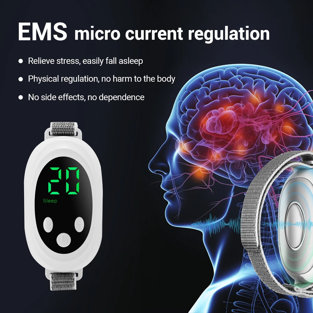 Handheld EMS Sleep Aid for relaxation, featuring 20 levels, microcurrent pulse, and hypnosis to relieve insomnia, stress, pressure, and anxiety.