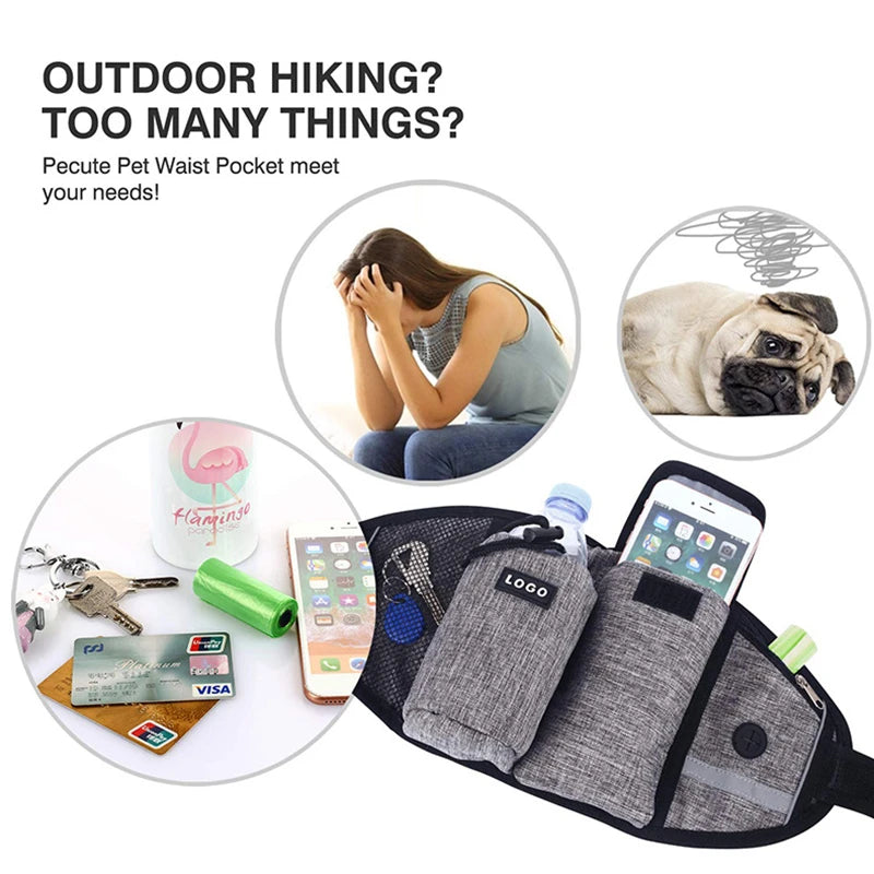Hands-Free Caddy Pouch with Bungee Leash and pockets for Dog treats, water bottle and mobile phone