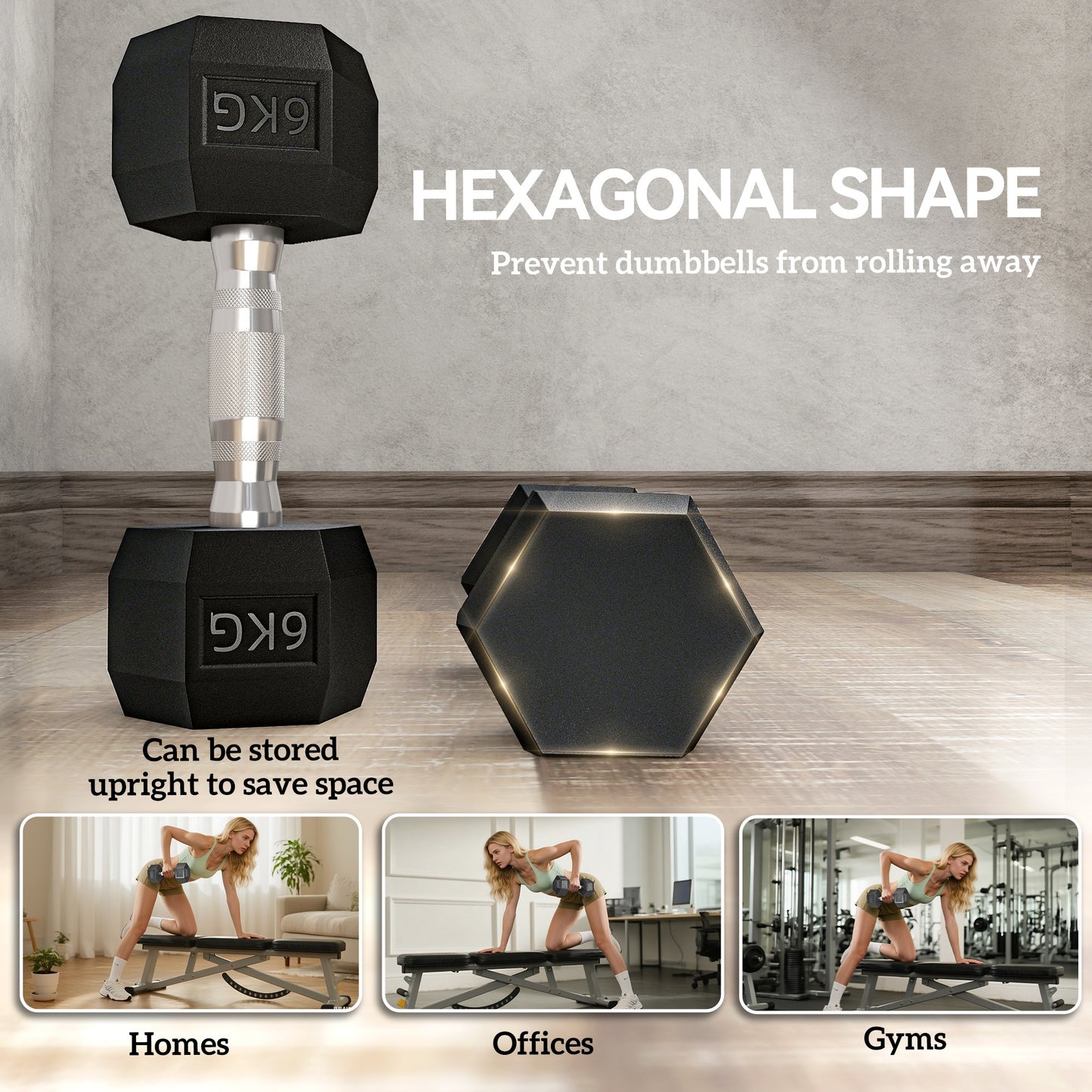 6kg - Hexagonal Fixed Rubber Dumbbell Set for Weight Lifting Exercises
