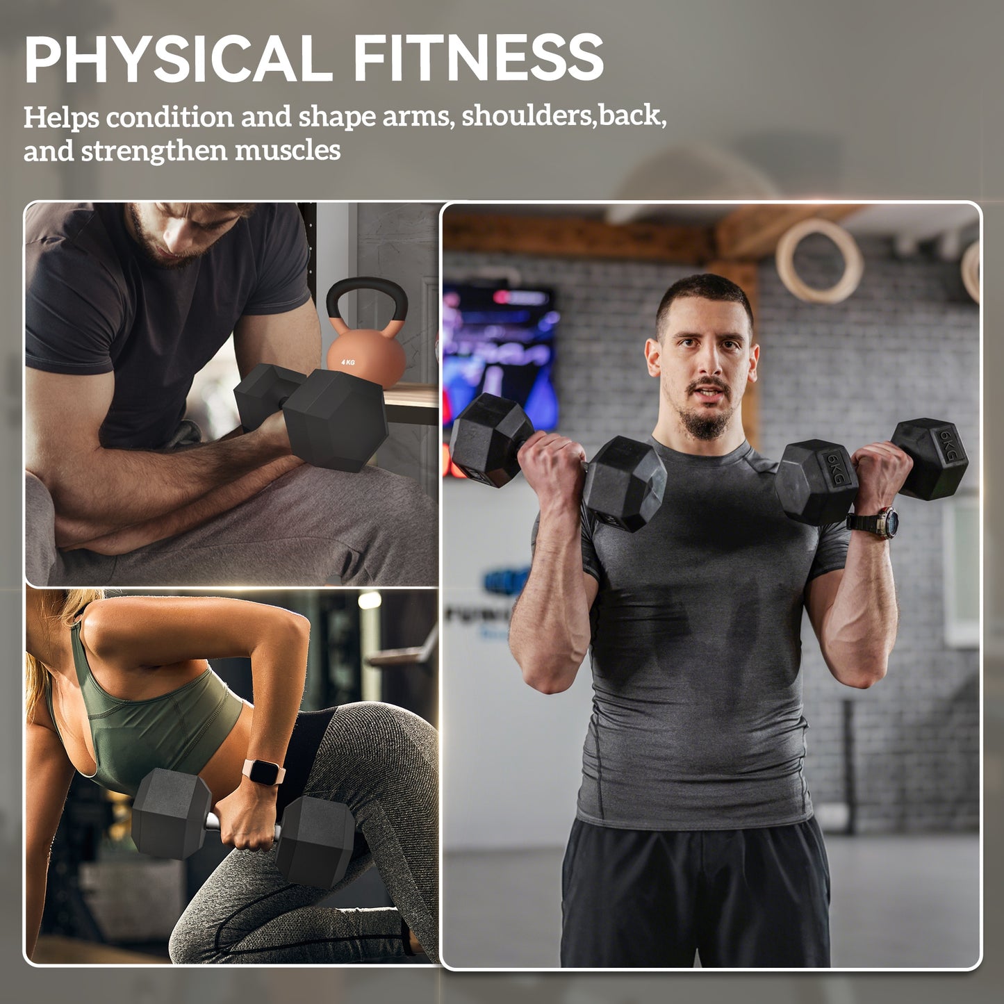6kg - Hexagonal Fixed Rubber Dumbbell Set for Weight Lifting Exercises